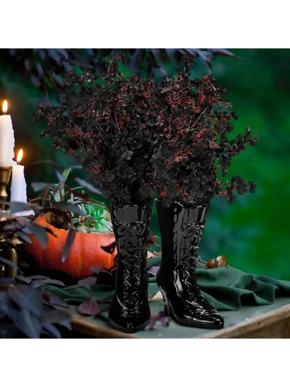 Spooky Gothic Witch Boot Vase - 7.1 Inch Black Ceramic Halloween Decor
